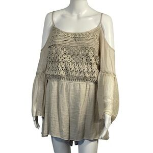 Vivid Importers Of NY NWT Beige Lace Chiffon Cold Shoulder Long Sleeve Romper XL